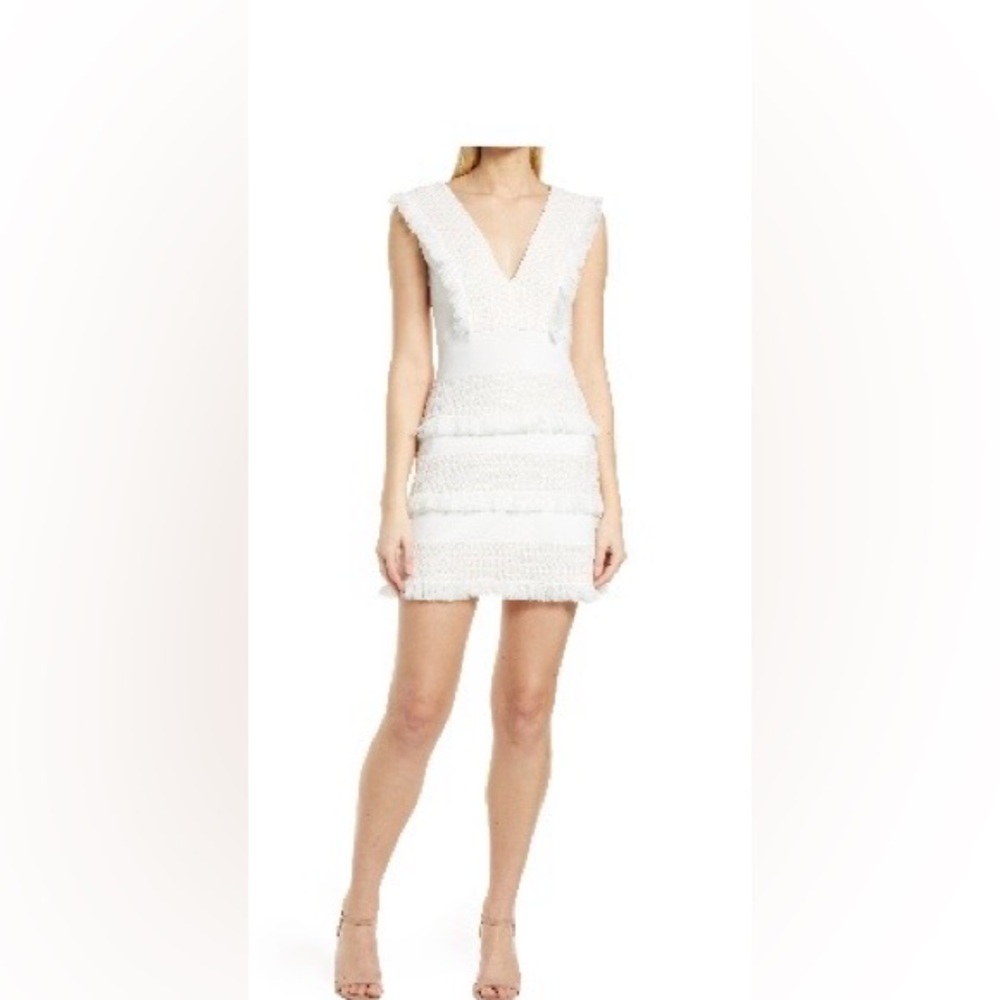 SHO Ivory Lace Mesh Fringe V-Neck Dress Size 2 Retail $228 Bridal Cocktail